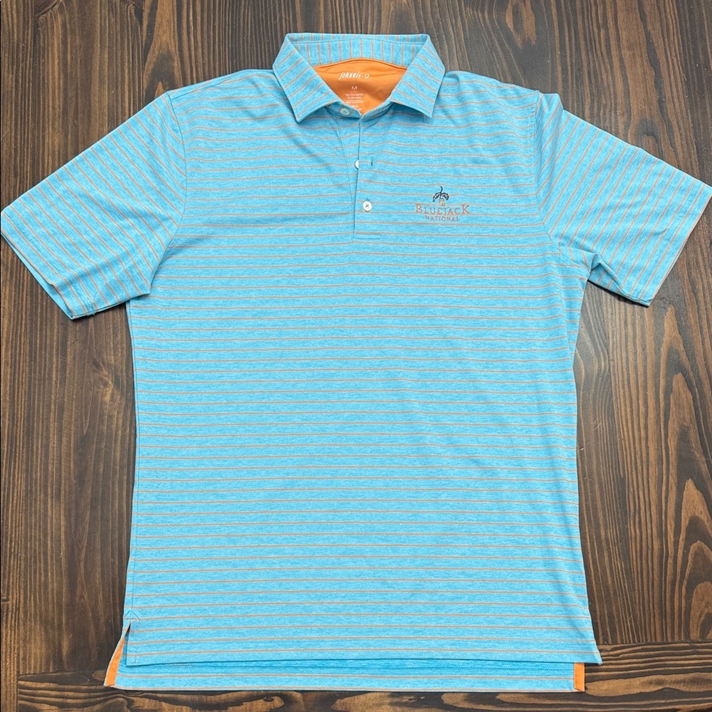 Johnnie-O Men’s Golf Striped Polo Shirt BlueJack Logo Blue Orange Size Medium